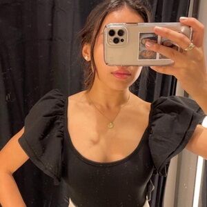 Zara Black Fitted Puff Sleeve Bodysuit